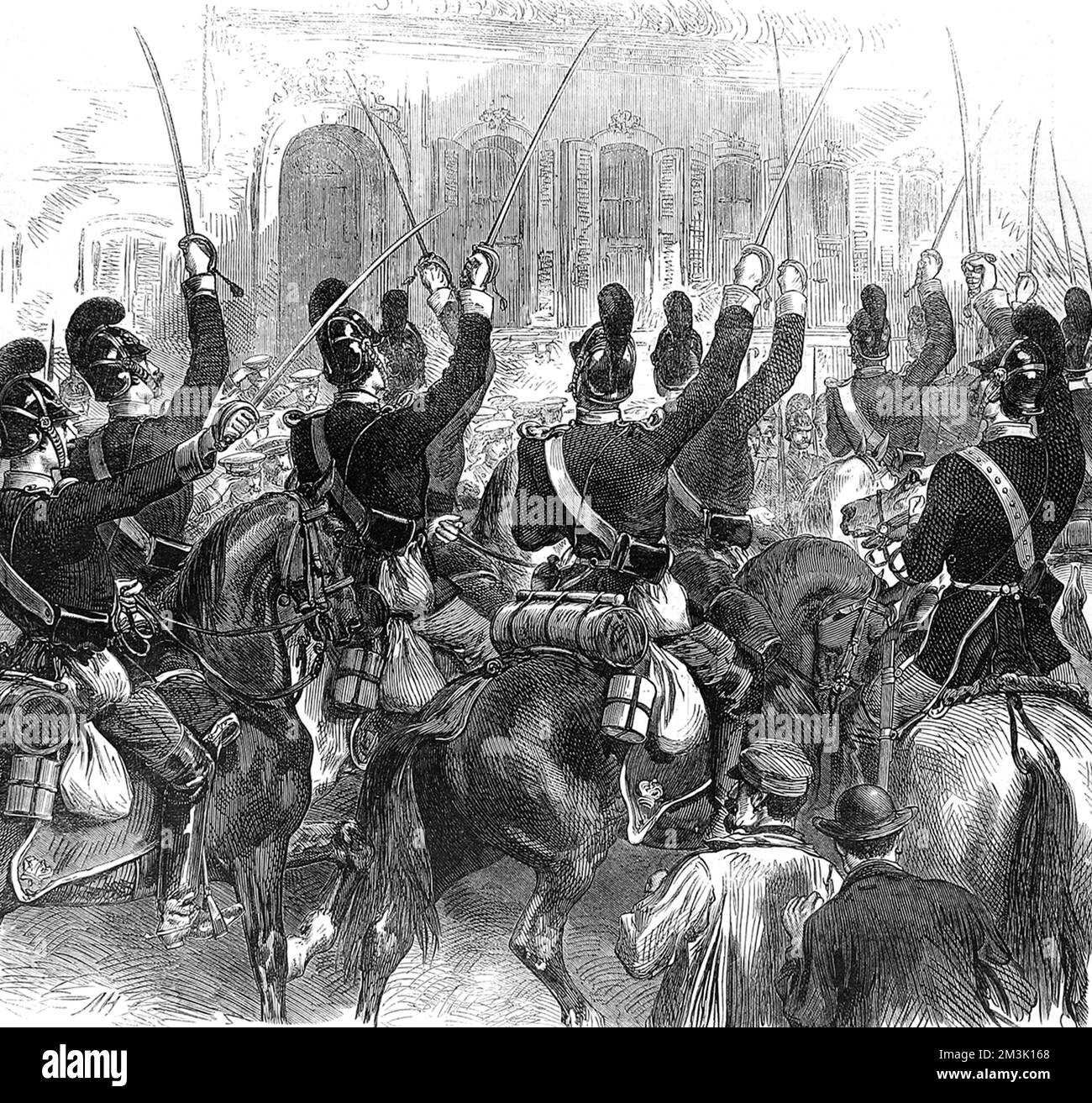 Die deutsche Kavallerie auf dem Hoseback, die ihre Schwerter aufblüht und den preußischen Erfolg vor den Franzosen feiert. Datum: 1870 Stockfoto