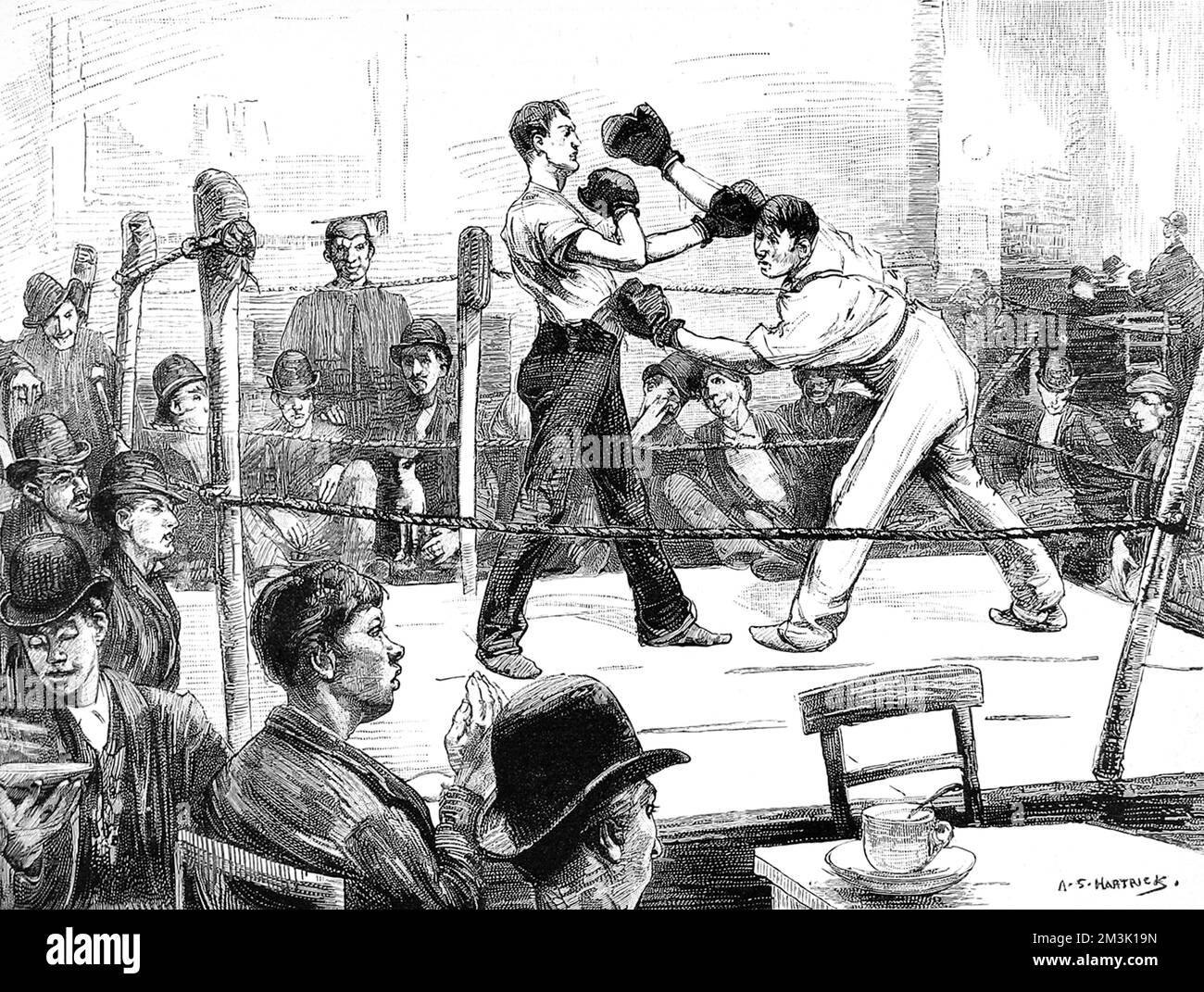 Ein Amateurboxkampf im Holy Trinity Church Men's Club, Shoreditch, London. 1889 Stockfoto