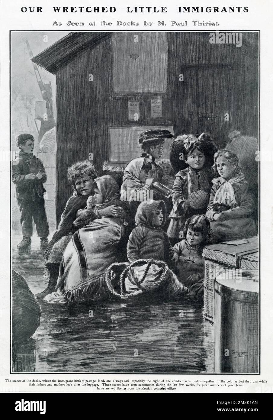 Eine Gruppe von Immigrantenkindern, die sich an den Docks vor einem Lagerhaus in London versammeln. 1904 gab es einen Zustrom jüdischer Einwanderer nach London, von denen viele vor den Wehrdienstbeamten der russischen Armee flohen. Stockfoto