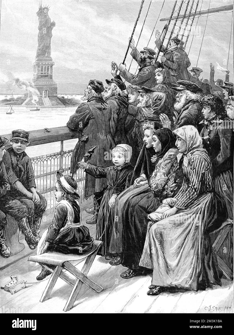 Ein Immigrantenschiff nähert sich New York 1892 Stockfoto