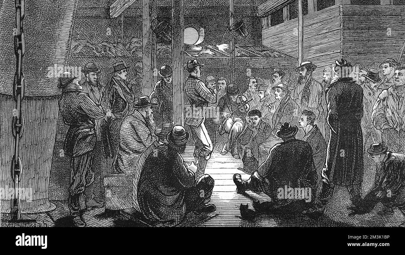 Gravur, die die Quartiere zeigt, die von Einzelgängern auf dem Emigrantenschiff "Indus", 1872, besetzt sind. Den Männern wird Musik gezeigt, um die Zeit auf der langen Reise von Großbritannien nach Australien zu vertreiben. Datum: 1872 Stockfoto