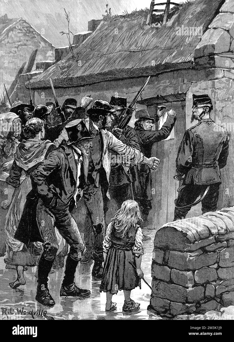 Gravur, die die Zustellung eines Räumungsbescheids in einem kleinen Landhaus in der Nähe von Headford in Galway, Irland, im Jahr 1880 zeigt. Während der Depression in der Landwirtschaft im 19.. Jahrhundert in Irland wurden viele Pächter aus dem Verkehr gezogen, weil sie ihre Mieten nicht bezahlen konnten. Die Vermieter waren überwiegend abwesende englische Aristokraten. Die Bauern sahen sich dem totalen Ruin und dem Hunger ausgesetzt, diejenigen, die es sich leisten konnten auszuwandern, während andere der Liga des Landes beitraten, die immer gewalttätigere Methoden einsetzte, um sich den Vermietern zu widersetzen. Datum: 1880 Stockfoto