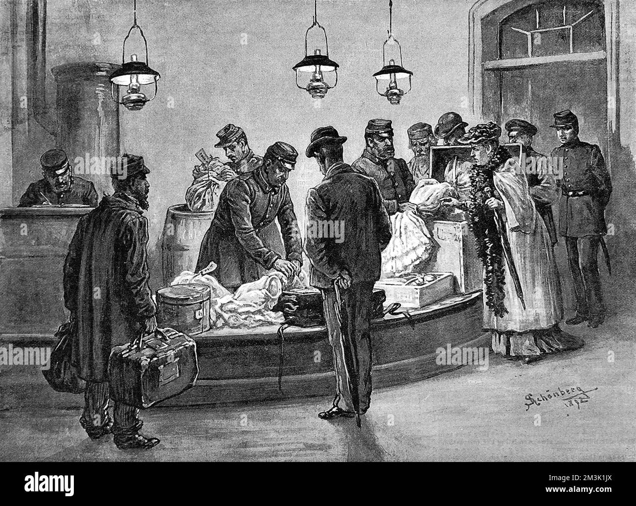 Die Zollbeamten in Hamburg, mit den Damen und Herren, die ihre Sachen untersuchen lassen. Datum: 1892 Stockfoto
