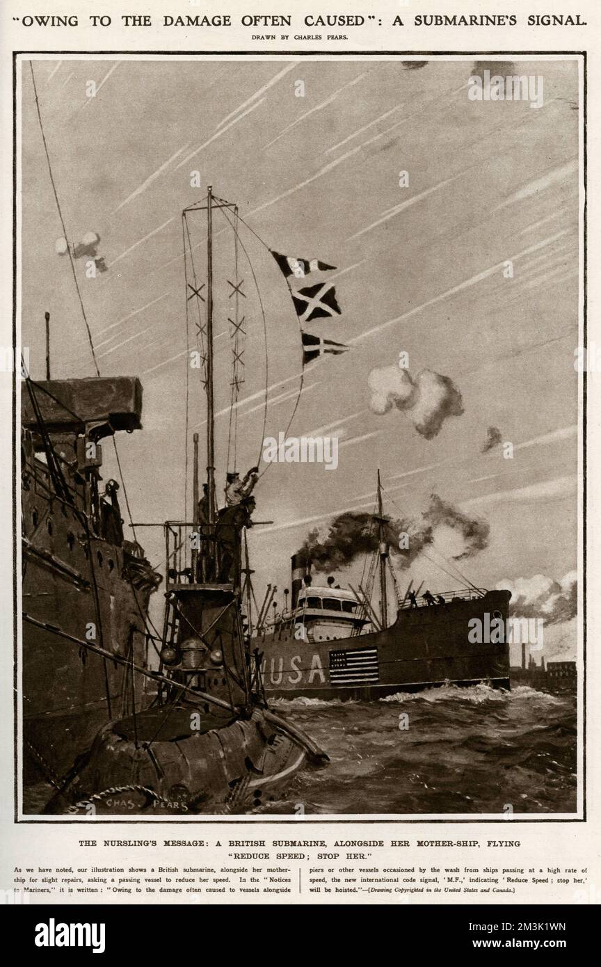 Ein britisches U-Boot, das ein amerikanisches Schiff signalisiert Stockfoto