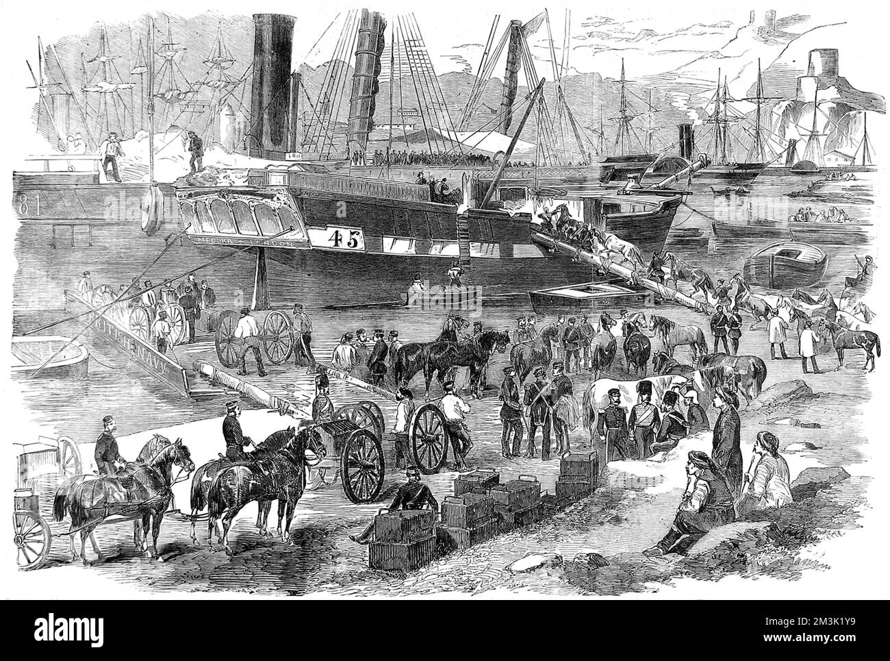 Britische Truppen, Pferde und Waffenwagen werden auf das Schiff „Argo“ geladen, um nach dem Ende des Krimkriegs zurück nach England zu reisen. 1856 Stockfoto