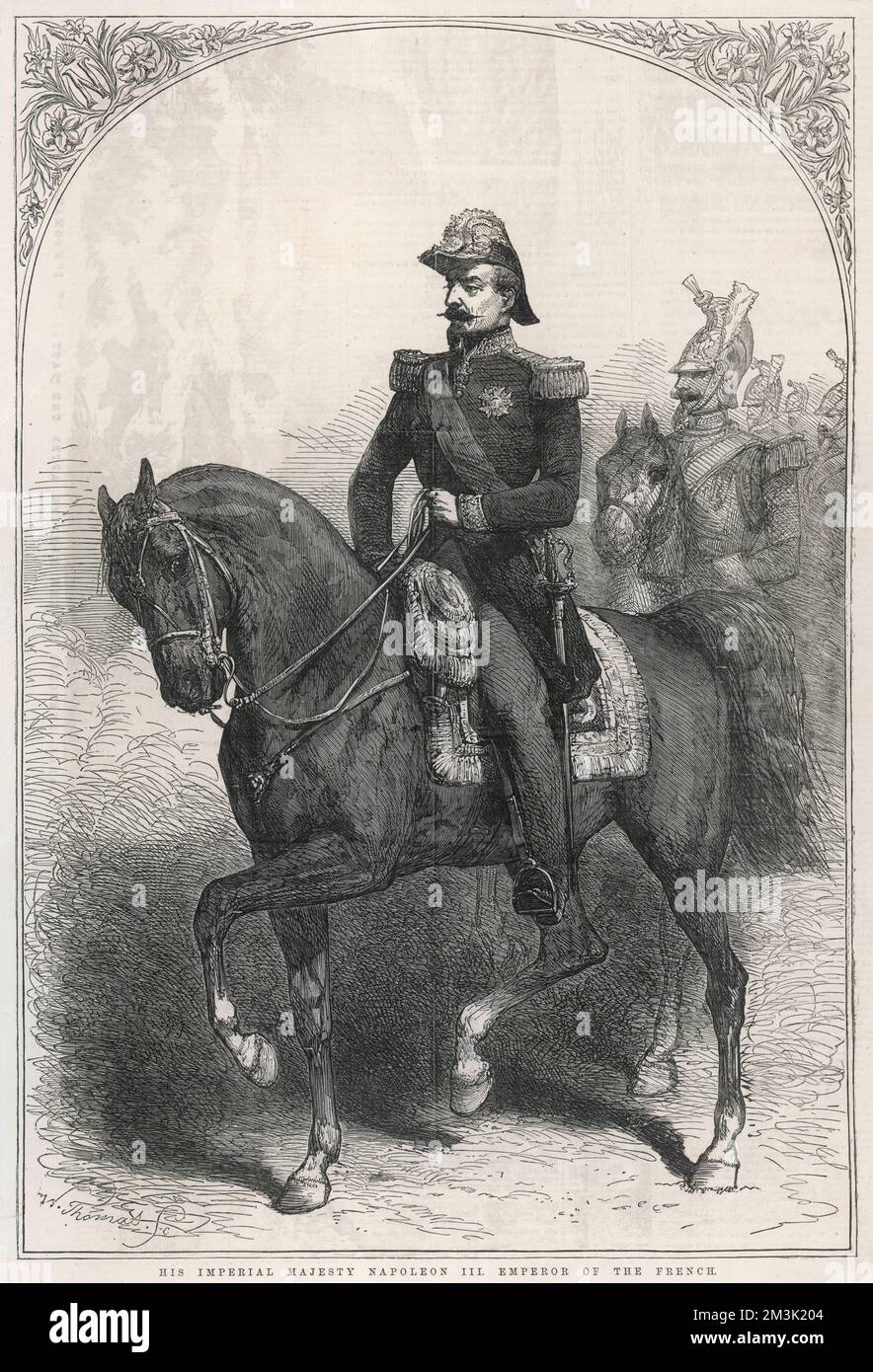 Eingraviertes Porträt von Napoleon III., Kaiser von Frankreich, in Militäruniform auf dem Pferderücken, 1854. Datum: 1854 Stockfoto
