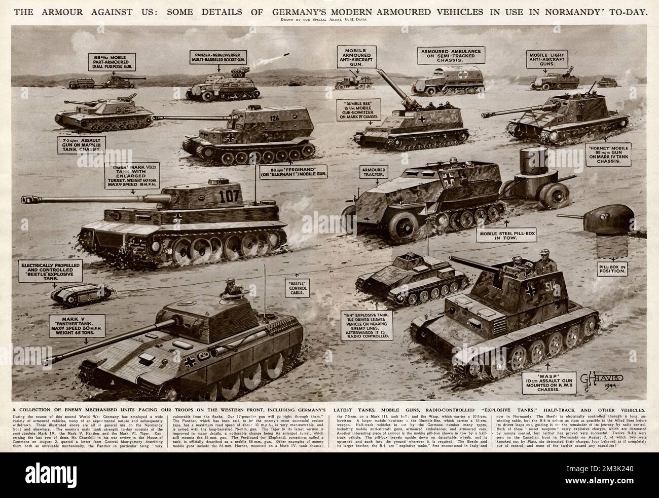 Deutsche moderne gepanzerte Fahrzeuge, die während der Schlacht um die Normandie im Zweiten Weltkrieg eingesetzt wurden. Zu den abgebildeten Fahrzeugen gehören Panzer von Panther und Tiger (linker Vordergrund), zwei Sturmgewehre (eine Wasp), Panzerzerstörer von Elefanten und Hornissen, mehrere Flugabwehrfahrzeuge, ein gepanzerter Krankenwagen und zwei ferngesteuerte Sprengstofftanks (eine B4 und ein Käfer). Hinweis: Diese Fahrzeuge waren nur die, von denen die Alliierten wussten und über die Informationen zu dieser Zeit veröffentlicht wurden. 1944 Stockfoto