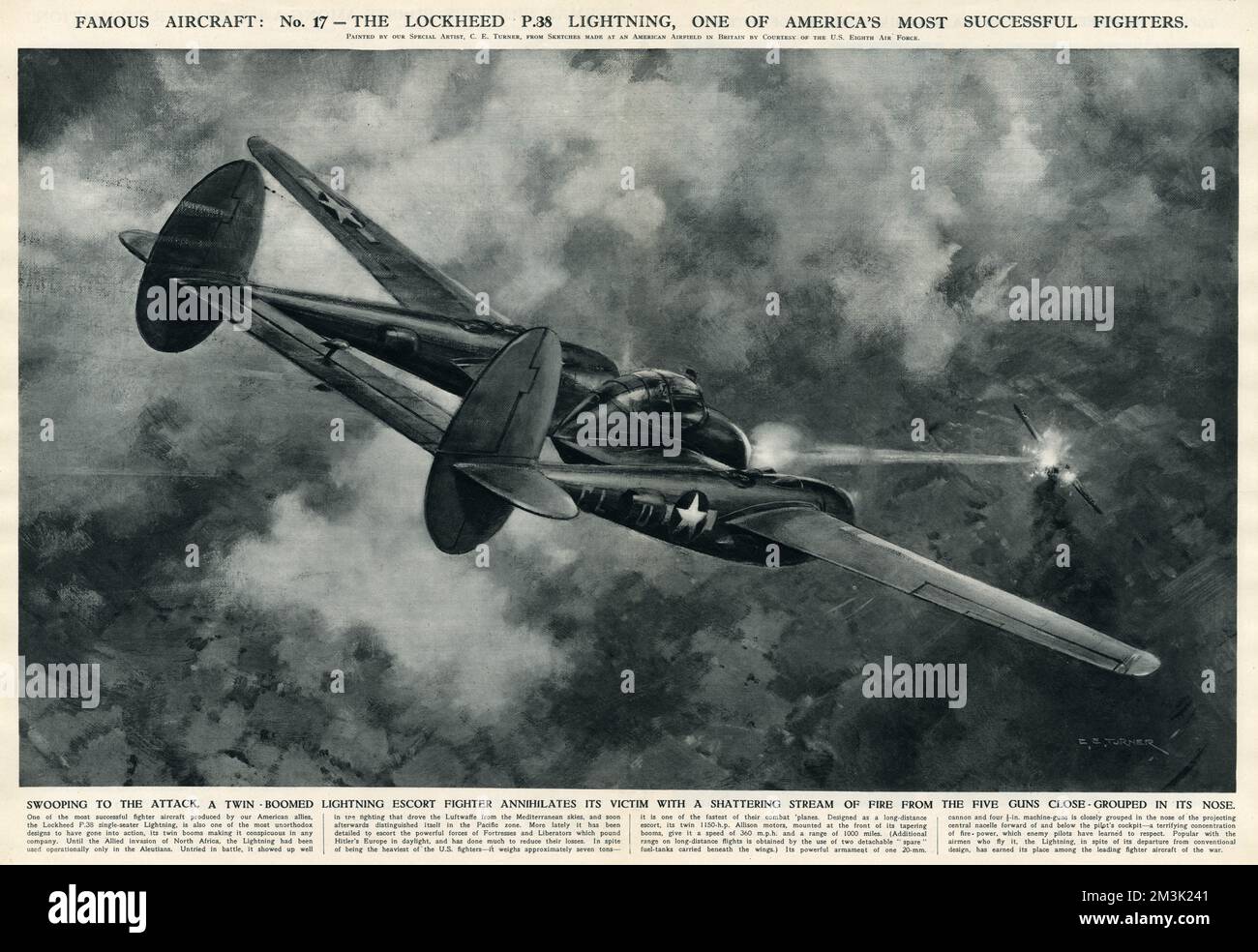 US Air Force Lockheed P-38 „Lightning“ schießt während des Zweiten Weltkriegs ein deutsches Flugzeug ab. Der „Lightning“ war ein sehr erfolgreicher zweimotoriger Eskort-Kämpfer mit einer Höchstgeschwindigkeit von 360mph km/h und einer Reichweite von mindestens 1000 km. Diese Abbildung wurde von C.E. gemalt Turner, die illustrierte London News' Spezialkünstlerin, aus Skizzen, die 1944 auf einem amerikanischen Flugplatz in Großbritannien gemacht wurden. 1944 Stockfoto