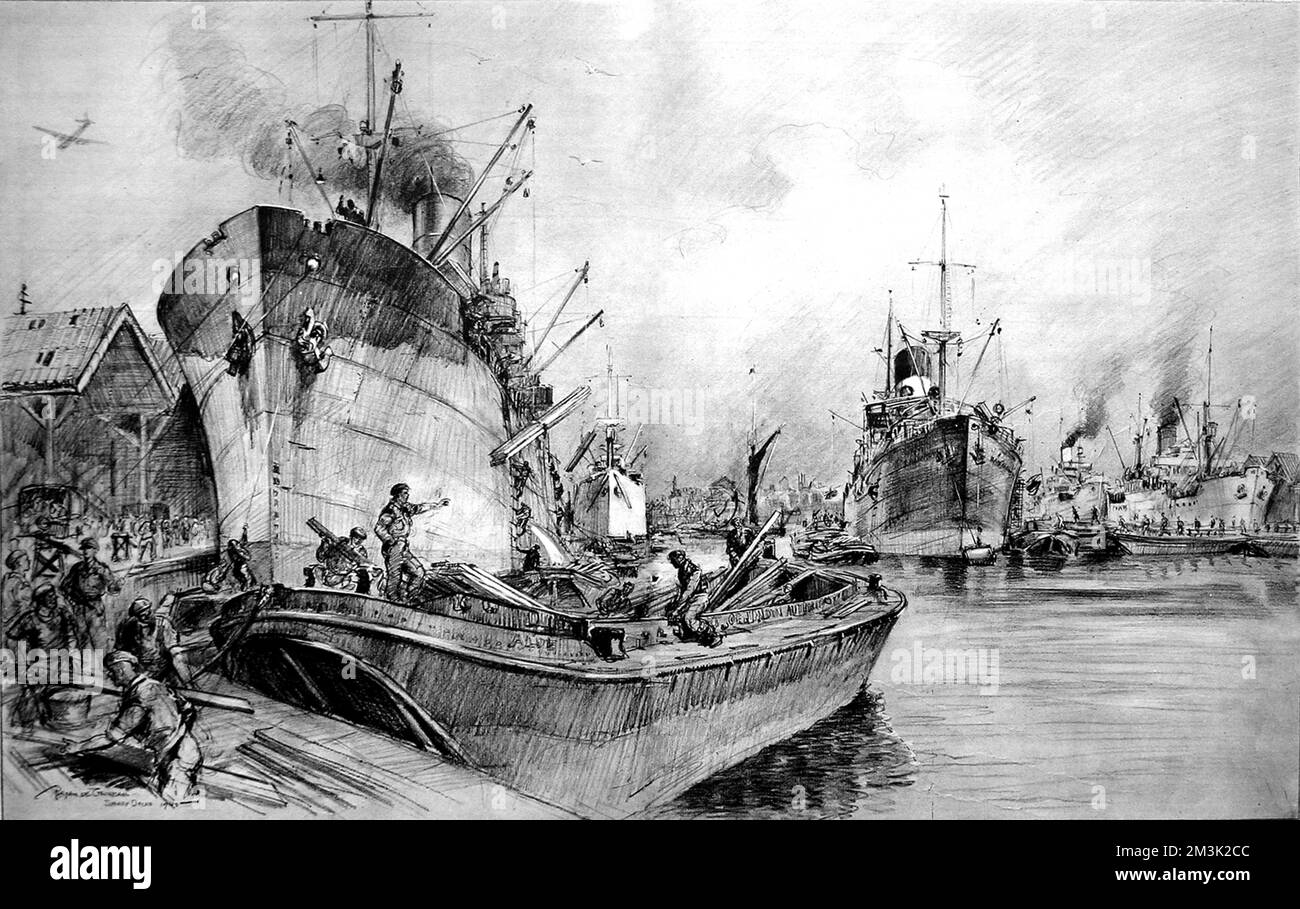 Zeichnung, die Royal Engineers und Männer des Pioneer Corps zeigt, auf Befehl der Regierung, die Schiffe in Surrey Docks, London, im August 1945 entladen. Diese Männer wurden in die Surrey Docks eingezogen, um die Arbeit der üblichen Docker zu übernehmen, die sich mitten in einem achtwöchigen "Go Slow"-Streik befanden, weil es einen Lohnstreit gab. Datum: 1945 Stockfoto