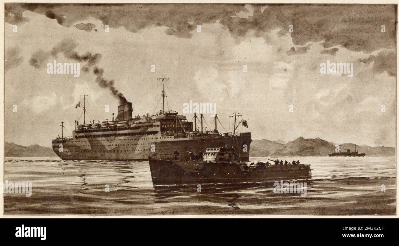 Deutsches Motortorpedo-Boot, das das italienische Passagierschiff „Vulcania“ in der Adria gefangen nimmt. Als Italien in diesem Jahr den alliierten Armeen unterfiel, versuchten deutsche Streitkräfte in Norditalien, so viel italienisches Material wie möglich zu beschlagnahmen, einschließlich der "Vulkanien". Stockfoto