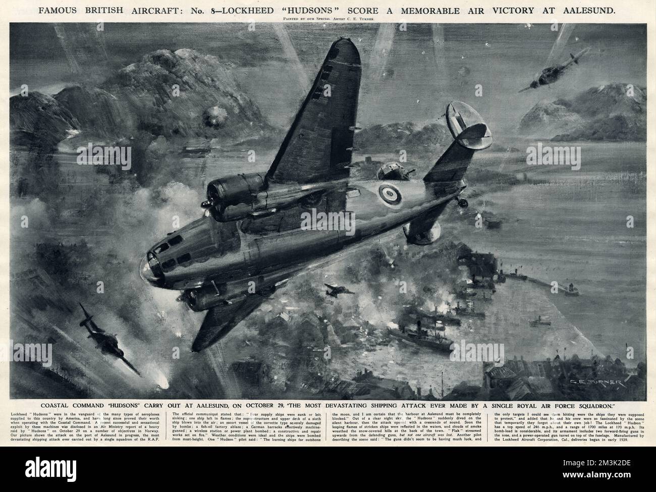 Britische Lockheed 'Hudson' Bomber des Küstenkommandos attackieren deutsche Schiffe im Hafen von Aalesund, Norwegen, 1941. Das war ein sehr erfolgreicher Angriff, der vier feindliche Versorgungsschiffe versenkte und mehrere andere zerstörte. 1941 Stockfoto