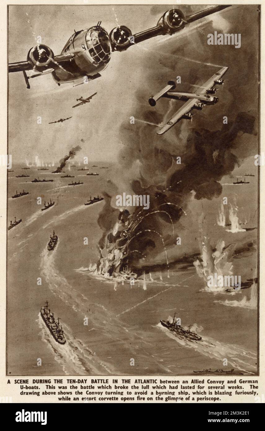 Die Abbildung zeigt Bomber der Royal Air Force „Liberator“, die während eines deutschen U-Boot-Angriffs 1943 über einen atlantischen Konvoi fliegen. Das Bild zeigt zwei Schiffe des Konvois, die nach Torpedos in Brand geraten sind, und die Bomber mit offenen Bombentüren, bereit, das U-Boot anzugreifen. Stockfoto