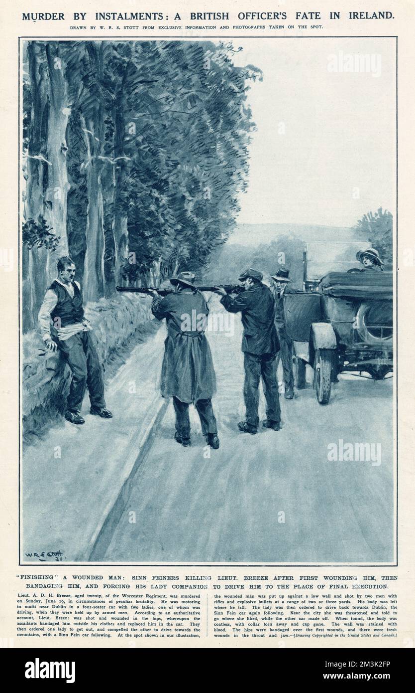 Die Ermordung von Lieutenant A.D.H. Breeze vom Worcester Regiment, von zwei Mitgliedern der Sinn Fein, nahe Dublin. LT. Breeze war mit zwei Damen in Mufti gefahren, als er von den bewaffneten Republikanern aufgehalten und gezwungen wurde, an einen abgelegenen Ort zu fahren, bevor er hingerichtet wurde. Stockfoto