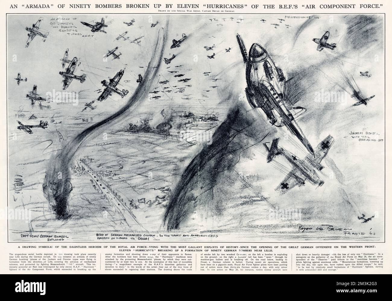 Zeichnung, die eine Luftschlacht zwischen Royal Air Force Hawker „Hurricane“-Kämpfern und deutschen Junkers und Dorniers-Bombern und Messerschmitt-Kämpfern über Frankreich zeigt. Stockfoto