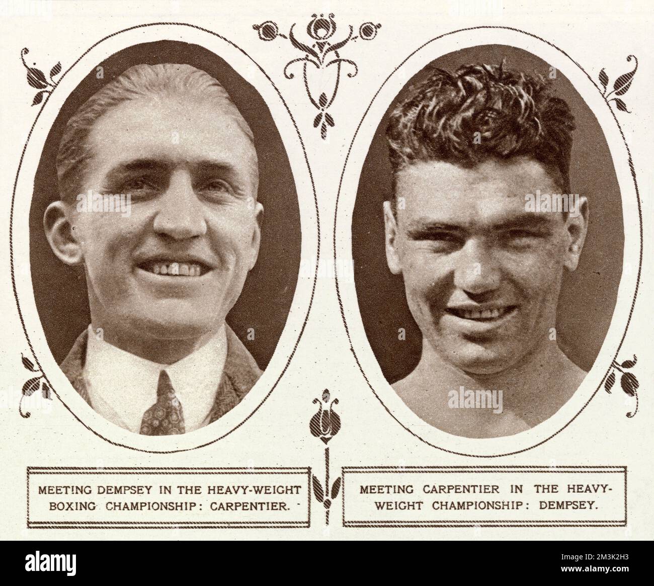 Georges Carpentier (1894 - 1975) und Jack Dempsey (1895 - 1983), Schwergewichtsboxer, die für die Weltmeisterschaft kämpften. Stockfoto