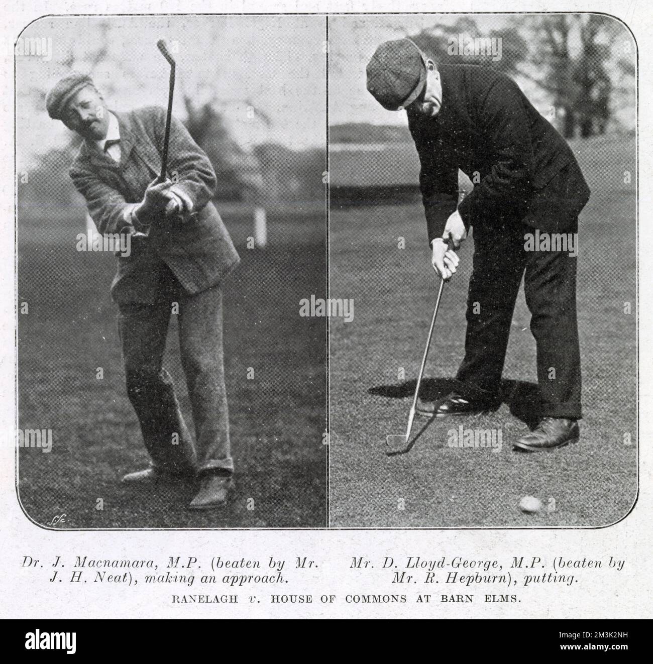 Dr. J. Macnamara (links) und David Lloyd-George spielen Golf in einem Spiel von Ranelagh gegen House of Commons in Barn Elms, London, 1906. Stockfoto