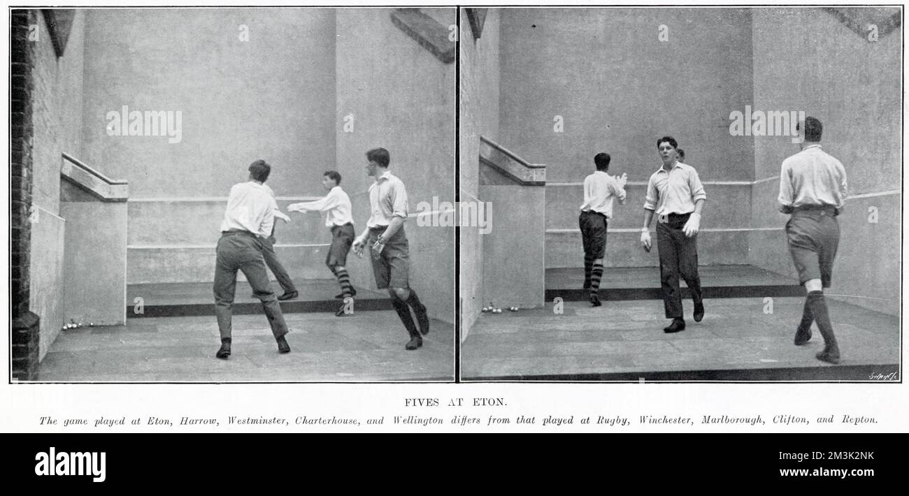 Zwei Fotos zeigen ein Fünferspiel, gespielt auf einem der Plätze am Eton College. Stockfoto
