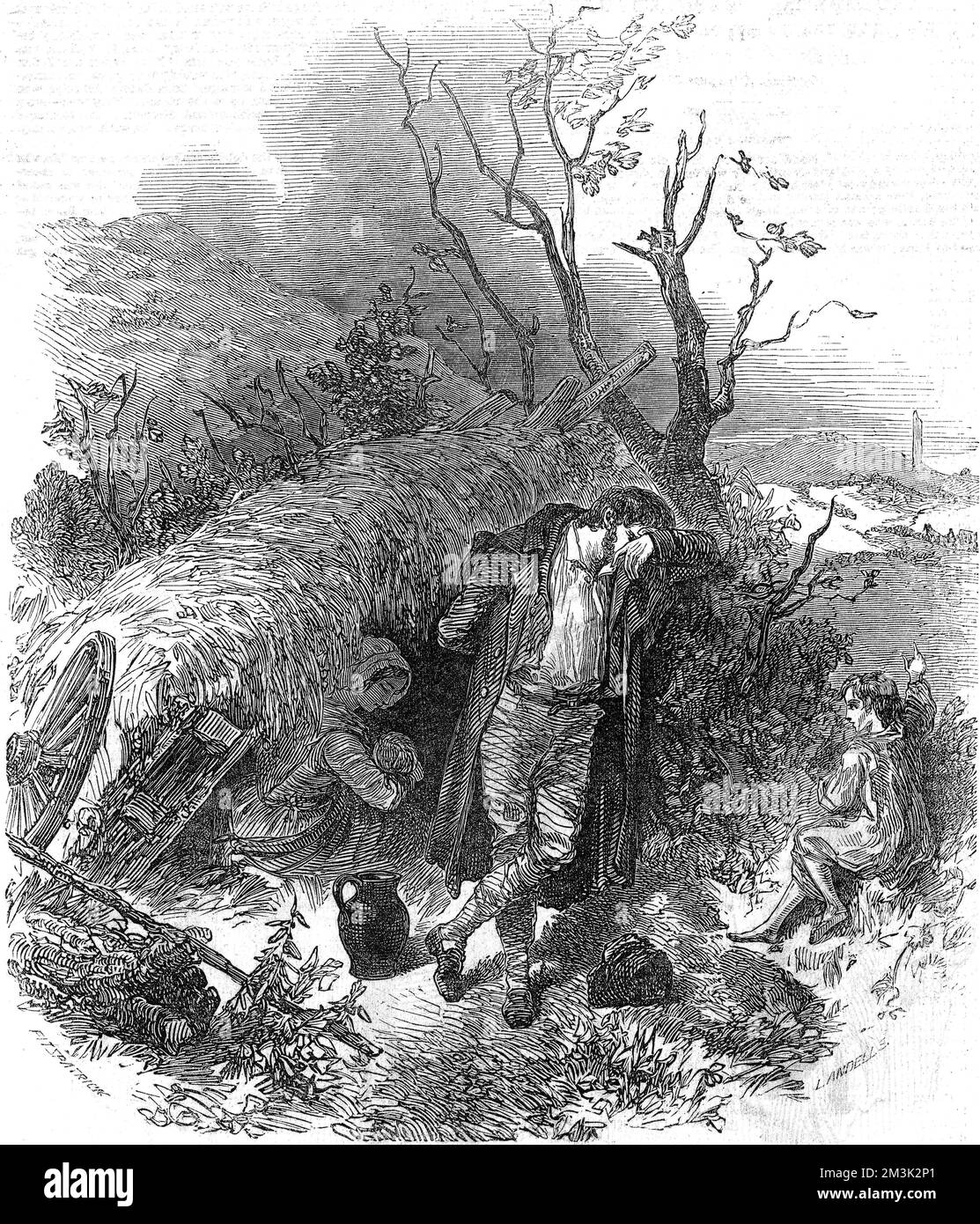 Irische Bauernfamilie am Tag, nachdem sie während der Zeit der Hungersnot der irischen Kartoffeln aus ihrer Heimat geworfen wurde. Mit wenigen Besitztümern suchen sie Zuflucht in irgendeiner Form von Behelfsunterkunft. Als die Vermieter versuchten, ihr Anwesen von armseligen Bauern und Arbeitern zu befreien, wurden in den Jahren 1846 bis 1854 500.000 Menschen aus dem Land geworfen. 1848 Stockfoto