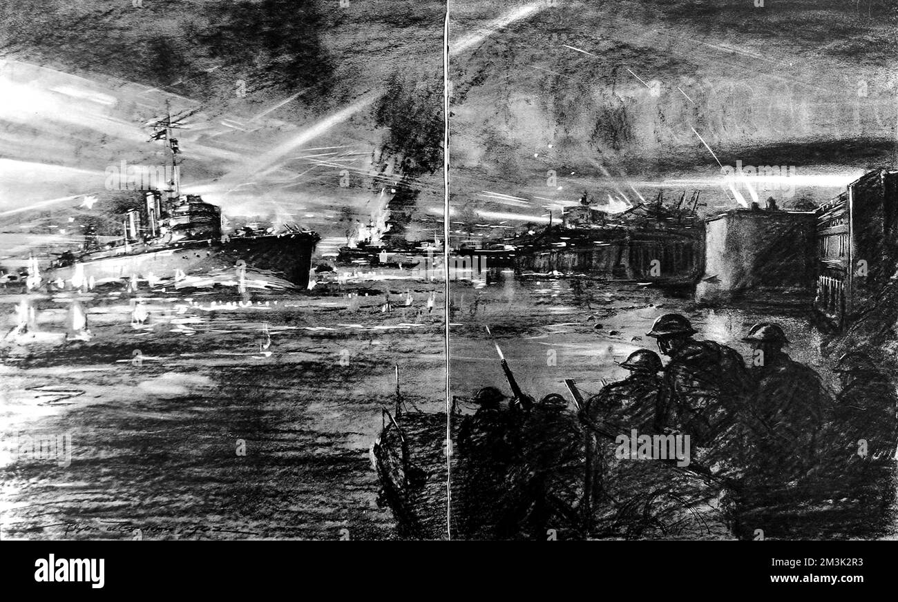 HMS „Campbeltown“ (links) fährt in Richtung der Tore des „Normandie“ Trockendocks, St. Nazaire, 1942. März. HMS „Campbeltown“ wurde als Sprengkörper an den Toren des von den Nazis kontrollierten Trockendocks eingesetzt, um die Nutzung des Docks durch deutsche Schlachtschiffe zu verhindern. Dieses Bild wurde von Captain Bryan de Grineau gezeichnet, nach einer Beschreibung, die ihm J. Gordon Holman gab, der in St. Nazaire. Datum: 1942 Stockfoto