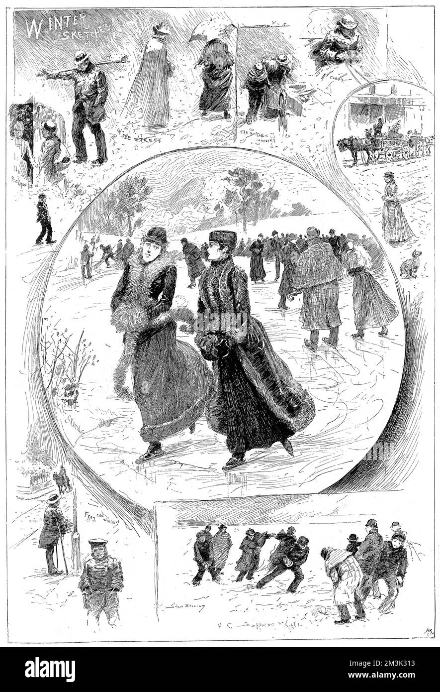 Eine Reihe von Skizzen von Winterszenen. Das mittlere Bild zeigt zwei Frauen, die auf einem Teich Schlittschuhlaufen. Die umliegenden Bilder zeigen verschiedene Straßenszenen, mit einer Gruppe von Männern und Jungen, die eine Schneeballschlacht (unten rechts) veranstalten. 1897 Stockfoto