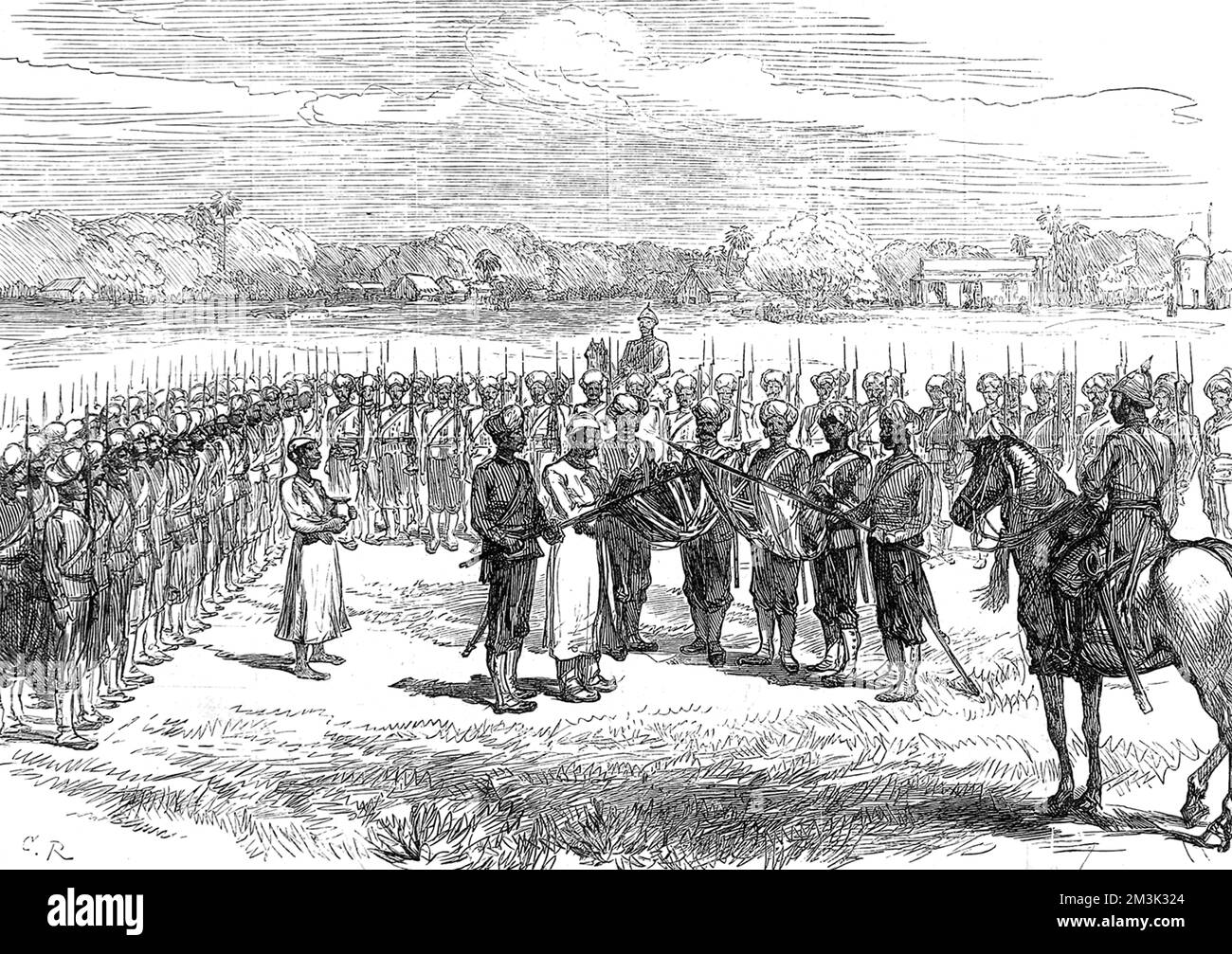Der "Anzug" eines indischen Rekruten der britischen Armee auf einem Paradeplatz auf dem Subkontinent. Datum: 22. Juni 1878 Stockfoto