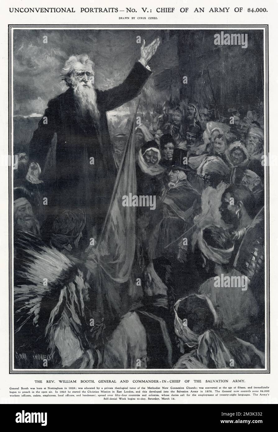 Reverend William Booth (1829 - 1912), Gründer der Heilsarmee, bei einer imaginären Versammlung einer riesigen multinationalen Menschenmenge. Stockfoto
