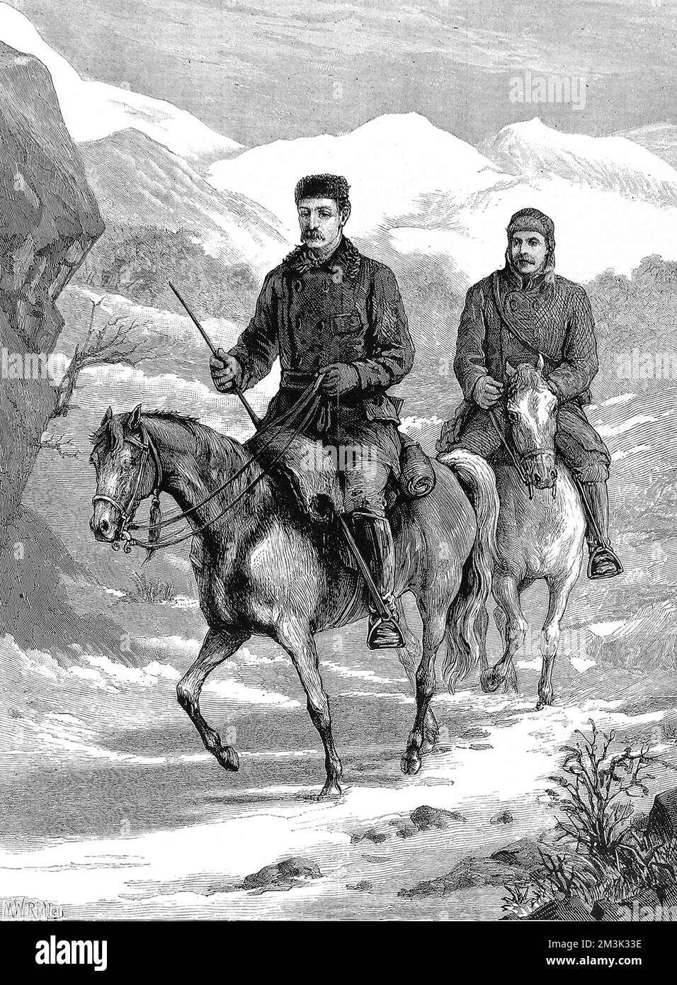 Kapitän Frederick Burnaby (1842 - 1885), englischer Soldat und Entdecker, Reise mit einem Begleiter über die russischen Steppen im Winter 1875. Nach seiner Rückkehr aus Khiva (jetzt Usbekistan) schrieb er einen Bestseller seiner Reisen, der die britische Öffentlichkeit begeisterte. Stockfoto