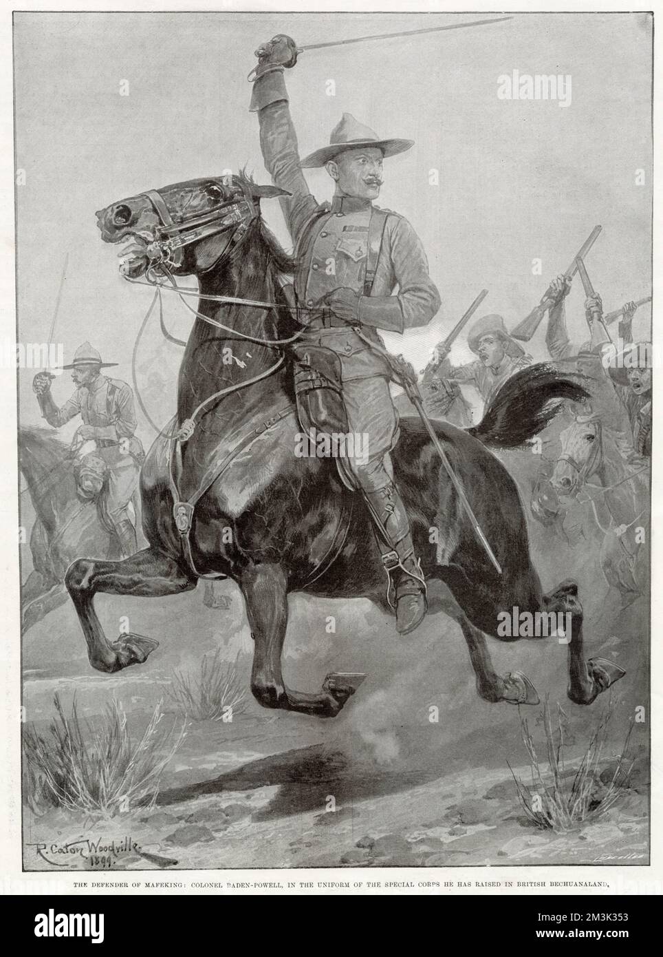 Robert Baden-Powell, 1.. Baron Baden-Powell, führt einen Kavallerieeinsatz in Südafrika. Er wird in der Uniform des Special Corps gezeigt, die er im britischen Bechuanaland aufzog. Nach seiner Rückkehr nach Großbritannien wurde Baden-Powell besser bekannt als der Gründer der Pfadfinder. Datum: 1899 Stockfoto