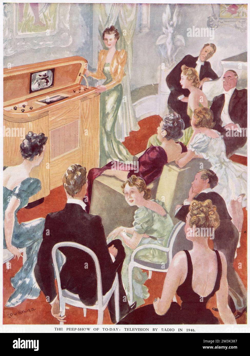 Eine Gruppe von Leuten, in formeller Abendgarderobe, die in einem Wohnzimmer Fernsehen, 1946. Man könnte vernünftigerweise annehmen, dass dies eine Dinnerparty zeigt, die vor oder nach ihrem formellen Essen ein wenig im Fernsehen entspannt. Stockfoto