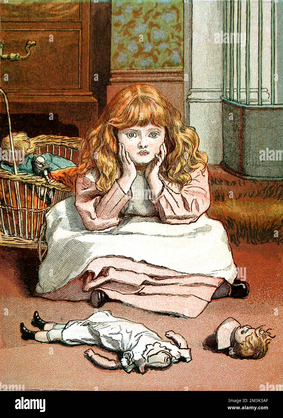 Die Abbildung zeigt ein kleines viktorianisches Mädchen mit ihrer kaputten Puppe. Dieses Bild trug ursprünglich den Titel „I'm just tinking where Dolls goes when they Sterben“ und war Teil einer Sammlung von Skizzen von Emily Lees, die „kleine Mütter“ genannt wurden. Datum: Weihnachten Nummer 1888 Stockfoto