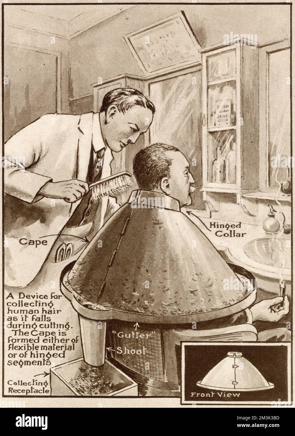 Ein damals neu erfundener Friseurkragen und Umhang, der entworfen wurde, um Haare beim Schneiden zu sammeln. Stockfoto