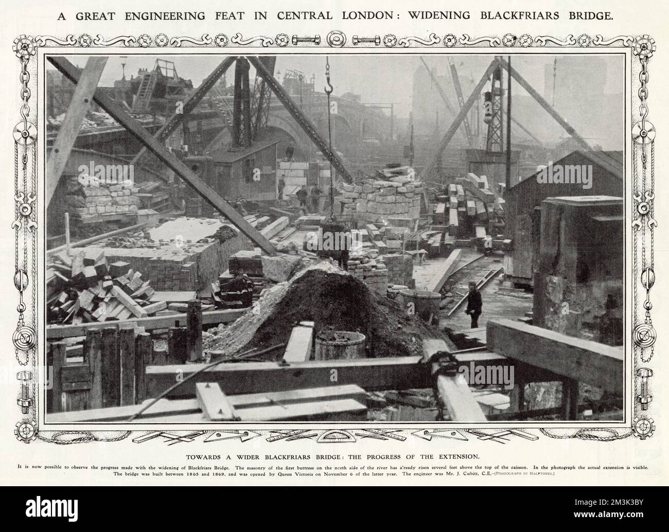 Fortschritte der Ingenieurarbeiten im Zusammenhang mit der Erweiterung der Blackfriars Bridge, London. Datum: 1908 Stockfoto