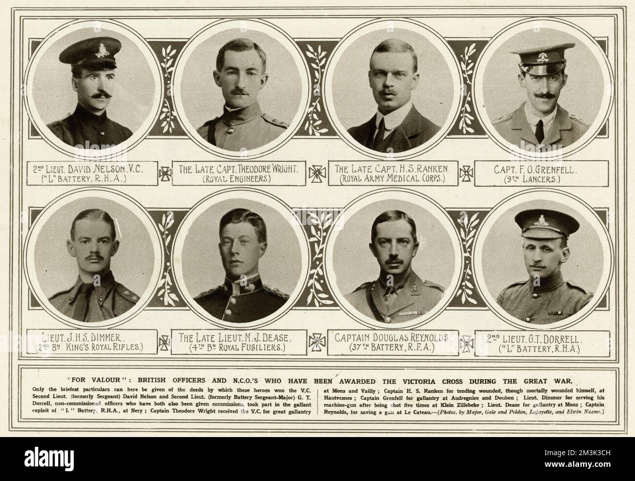 Britische Offiziere und N.C.O's, die während des 1. Weltkriegs mit Victoria Cross ausgezeichnet wurden: Von oben links: 2. Lieut David Nelson V.C. Captain Theodore Wright. (Königliche Ingenieure); Captain H.S. Ranken (Royal Army Medical Corps); Hauptmann F.O. Grenfell (9. Lancers); Lieut J.H.S. Dimmer (2. Mrd. Königliche Gewehre); Lieut M.J. Dease (4. Mrd. Royal Fusiliers); Captain Douglas Reynolds (37. Batterie, R.F.A.); 2. Lieut G.T. Dorrell ('L' Battery, R.H.A.) 1914 Stockfoto