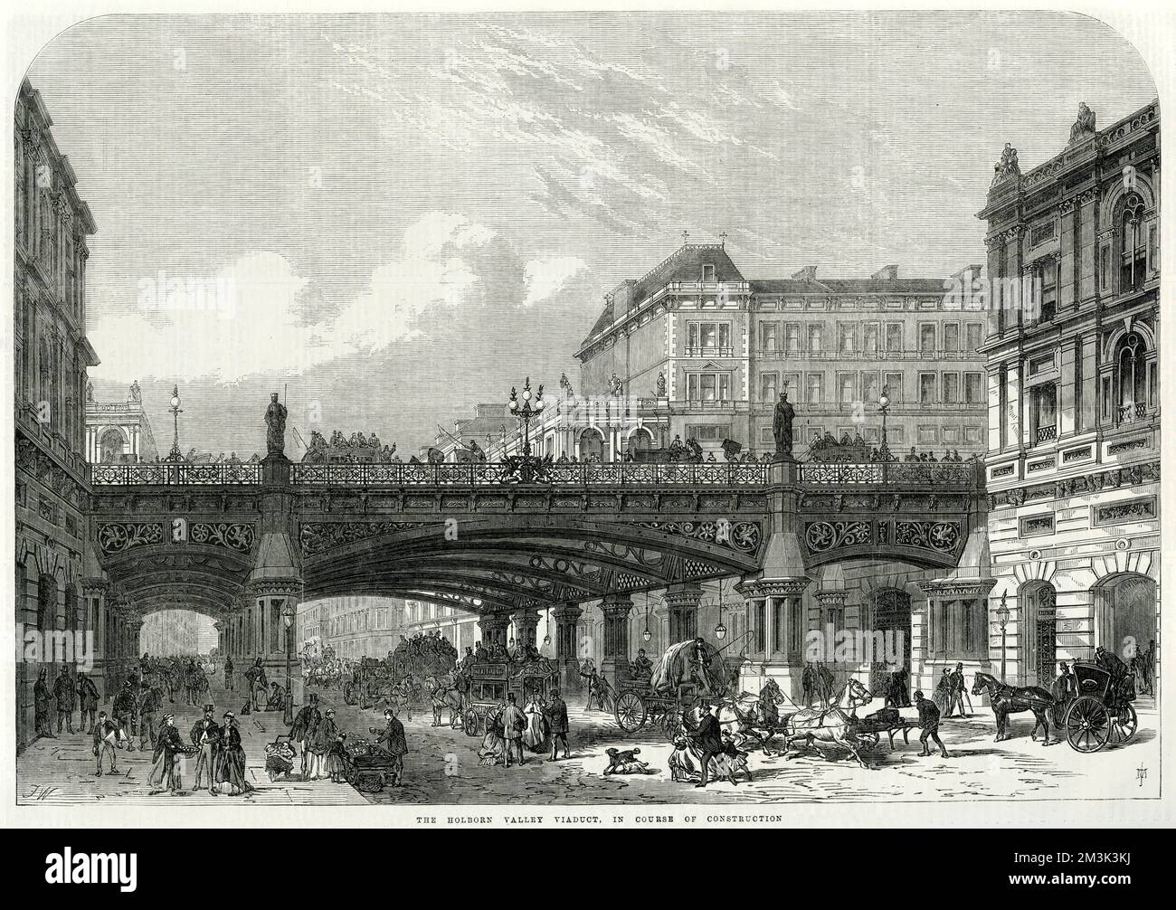 Holborn Valley Viaduct in London, das gerade gebaut wurde. Diese Ansicht ist in ihrer Darstellung der resultierenden Konstruktion sehr genau. 1867 Stockfoto