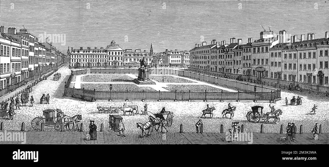 Gravur mit Blick auf den Leicester Square in London, 1753. 1874 Stockfoto