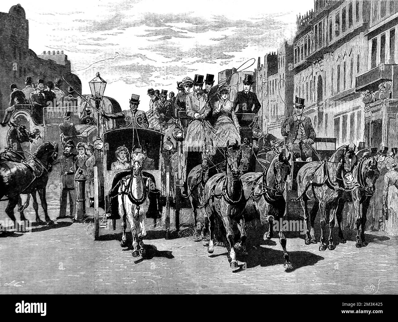 Pferdekutschen fahren entlang Piccadilly während der Londoner „Saison“. Stockfoto