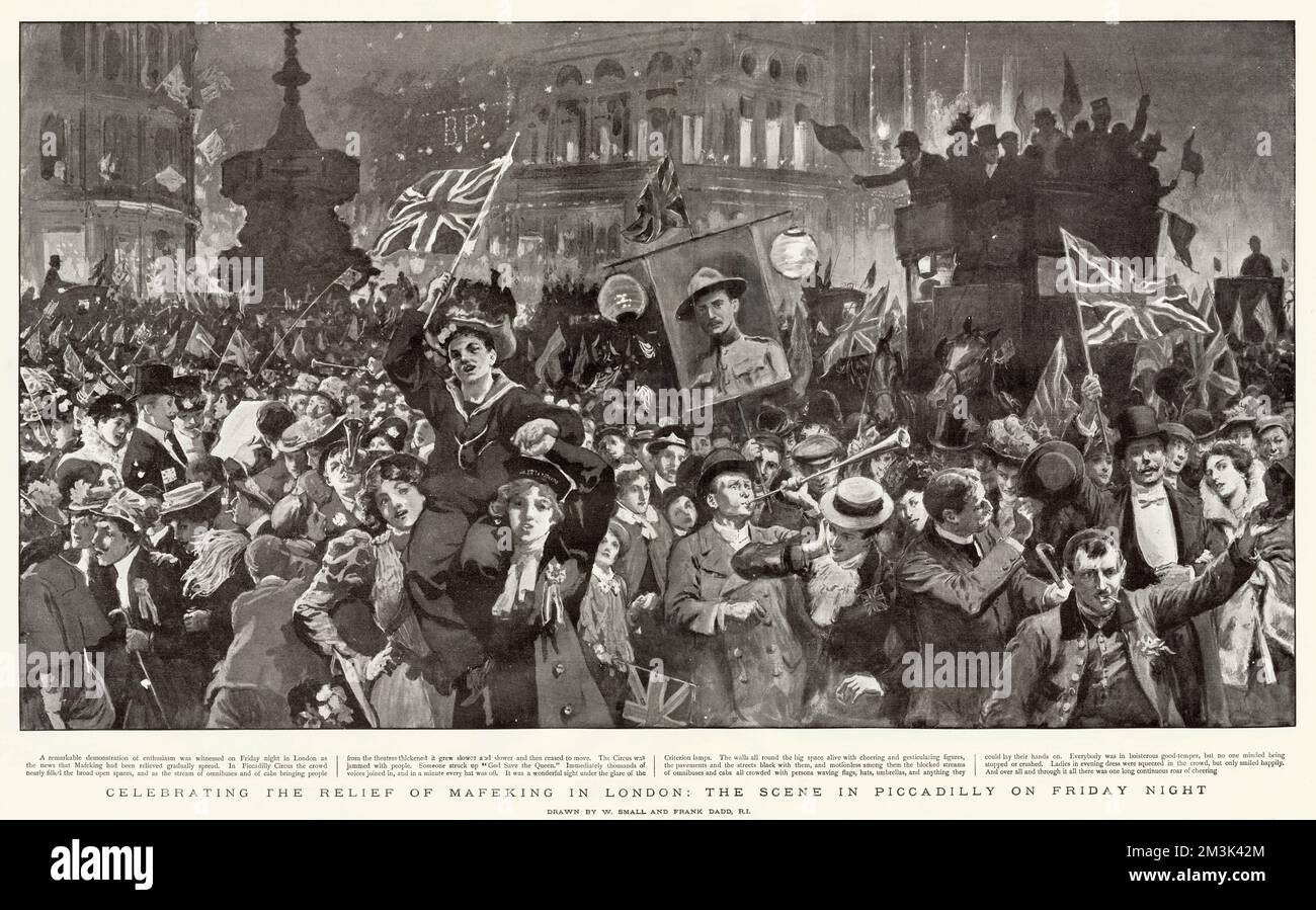 Die Menschenmenge am Trafalgar Square feierte die Nachricht von "die Rettung von Mafeking" während des Burerkrieges 1900. Einer der Feiernden hält ein Porträt von Oberst Baden-Powell, dem Mann, der Mafeking während seiner 216-tägigen Belagerung leitet. Stockfoto