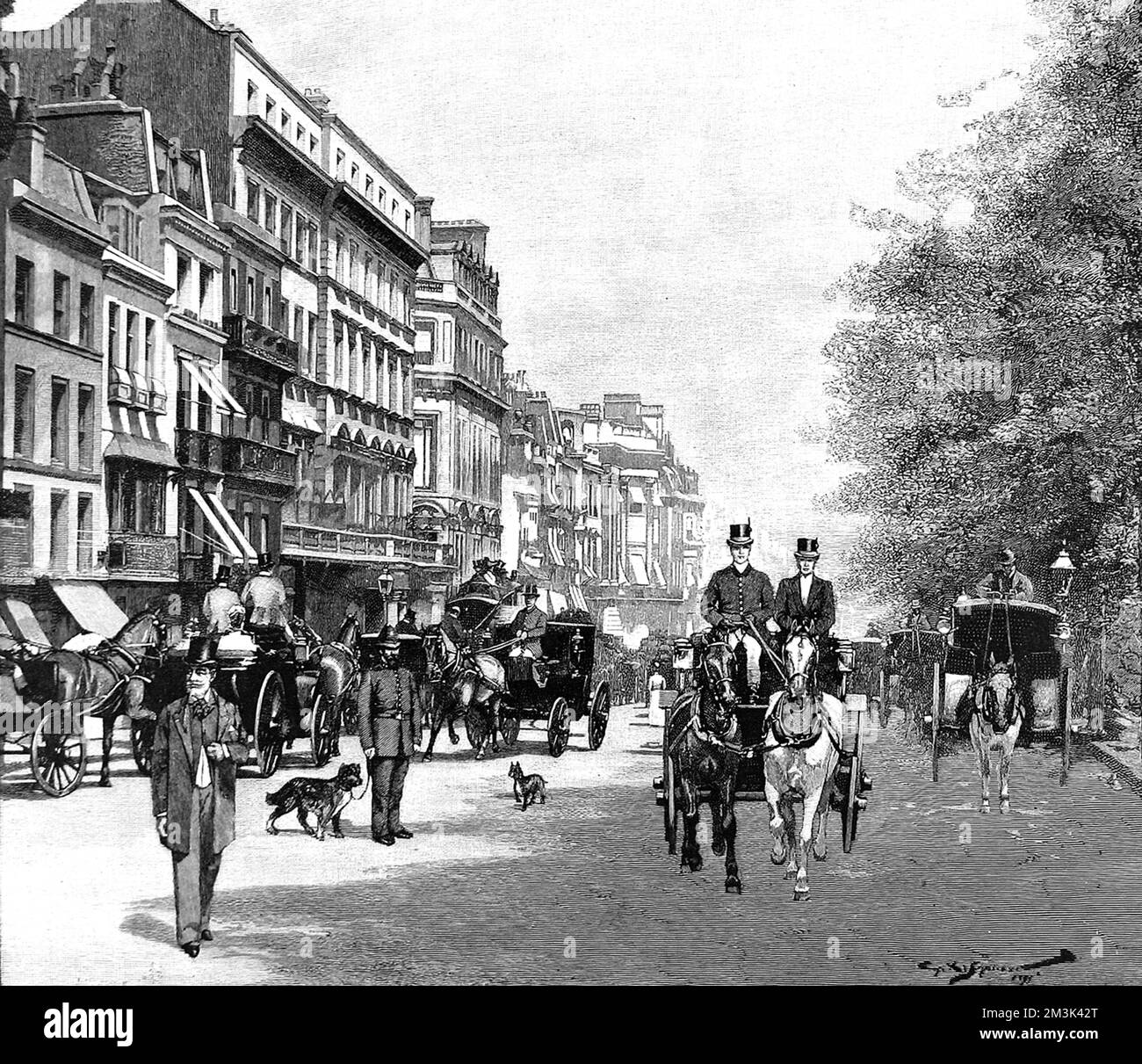 Pferdekutschen fahren entlang Piccadilly während der Londoner „Saison“. Stockfoto