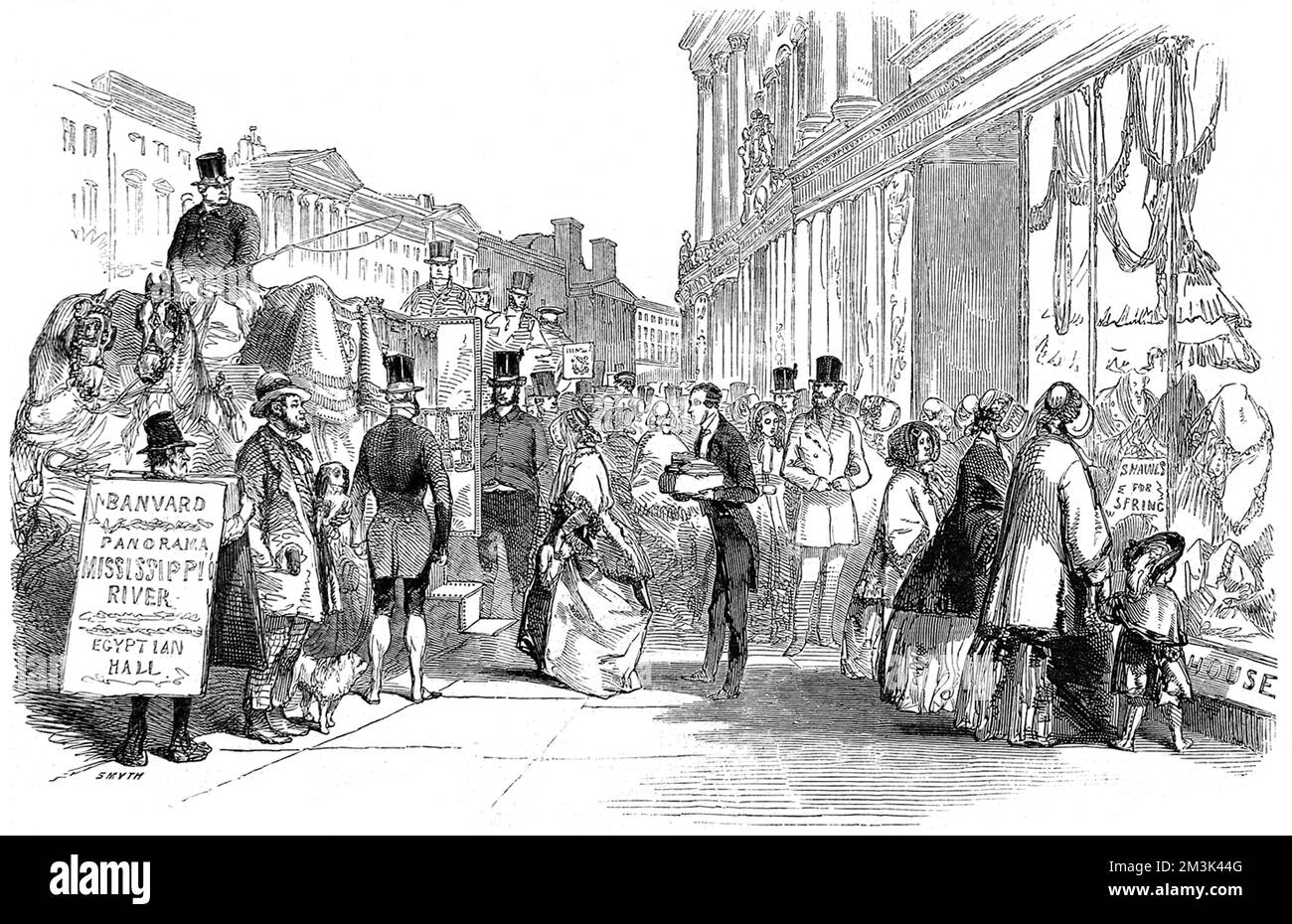 Eine Dame (Zentrum) kehrte nach Abschluss ihrer Einkäufe in der Regent Street während der Londoner „Saison“ 1849 zu ihrer Kutsche zurück. Eine der Verkäuferinnen kann mit ihren neuen Besitztümern beobachtet werden. 1849 Stockfoto
