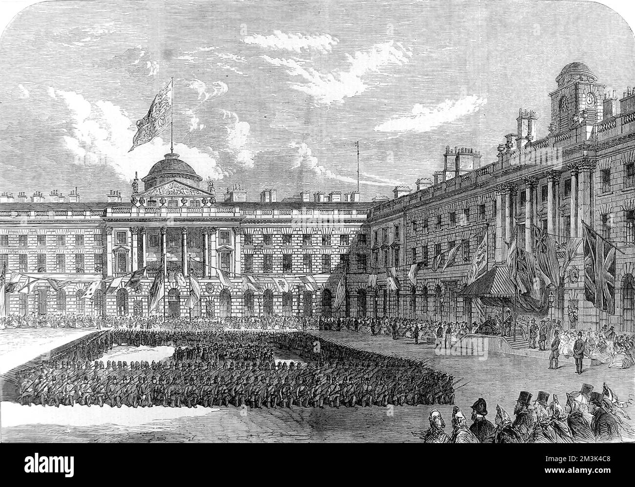 Die bewaffnete Zurschaustellung der Freiwilligen des öffentlichen Dienstes, die einen Platz im Viereck des Somerset House bilden, vor dem Prinzen von Wales, 1864. 1864 Stockfoto