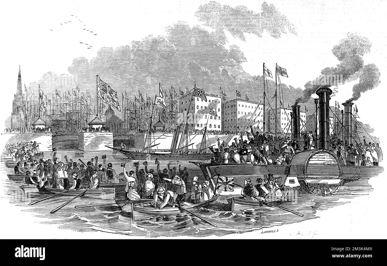 Eine der animiertesten Szenen des Royal Visits in Liverpool war die Kreuzfahrt in Mersey. Dieser Besuch fand im Juli 1846 statt und war Anlass zu vielen Feiern in der Stadt. 1846 Stockfoto