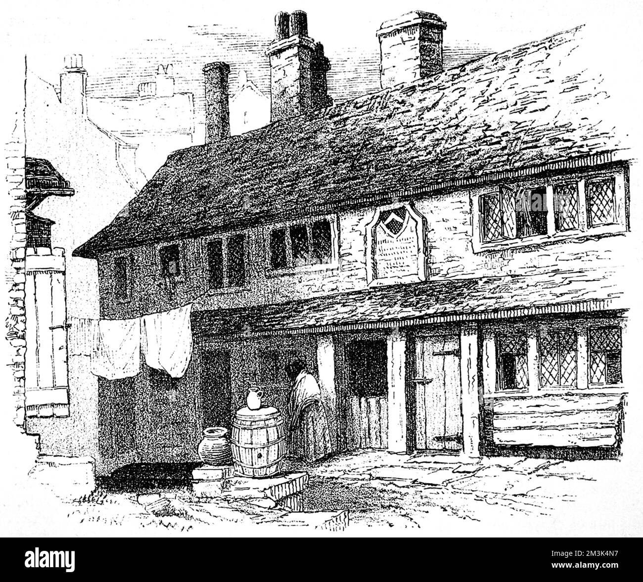 Außenansicht von Alleyns Almen in Southwark, London, skizziert im Jahr 1840. Datum: 1879 Stockfoto