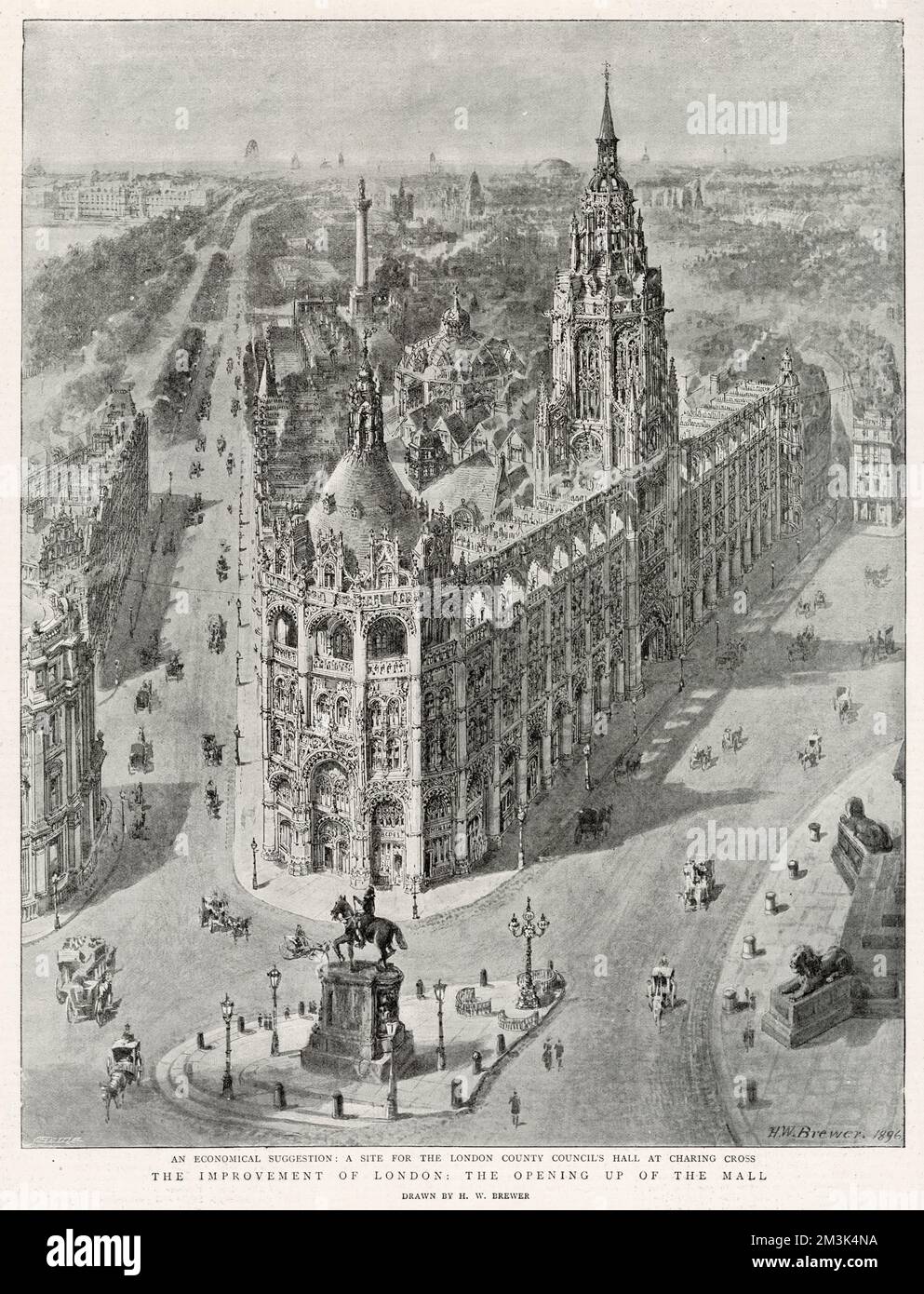1896 unterbreiteter Vorschlag für die neue London County Council Hall in Charing Cross und die Eröffnung der Mall. Stockfoto
