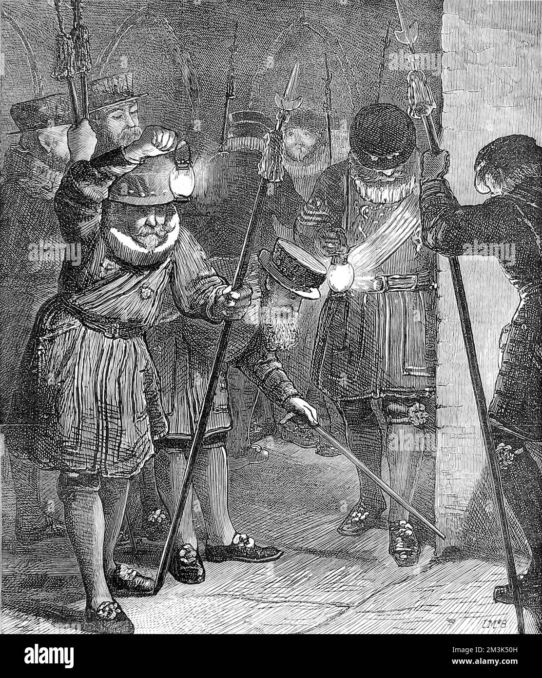 Yeomen der Garde, Mitglieder der königlichen Bodyguard, durchsuchen die Gewölbe der Parlamentsgebäude vor der Eröffnung der Parliamentry-Sitzung im Januar 1872. Januar 1872 Stockfoto