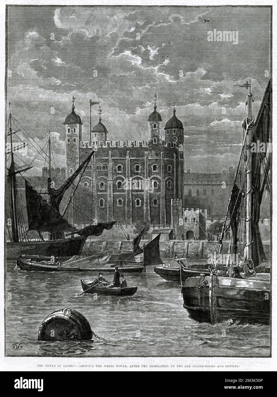 Tower of London, mit Segelschiffen im Vordergrund der Themse. 1883 Stockfoto