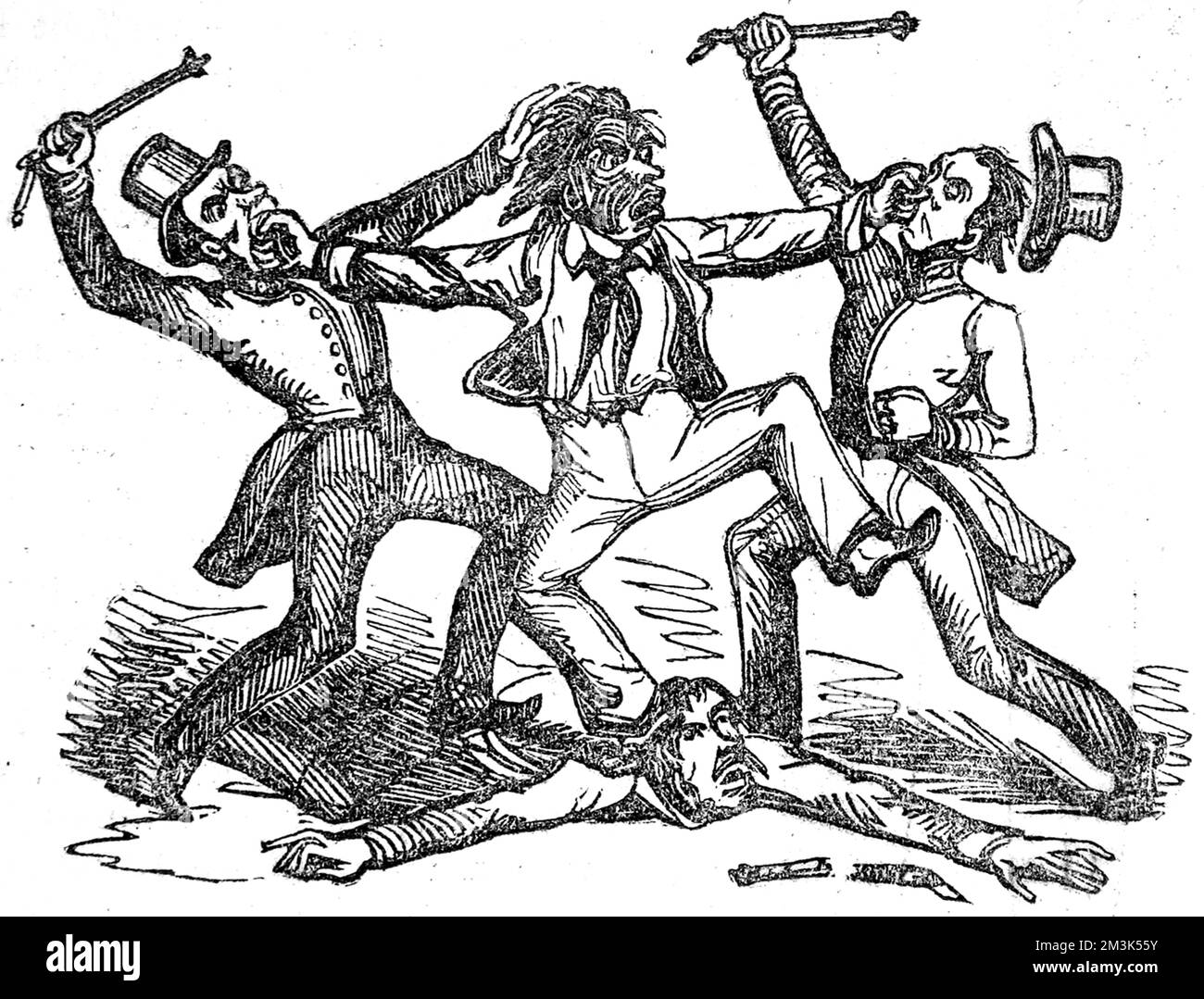 Kampf zwischen A Maori und drei Europäern, 1842. Stockfoto