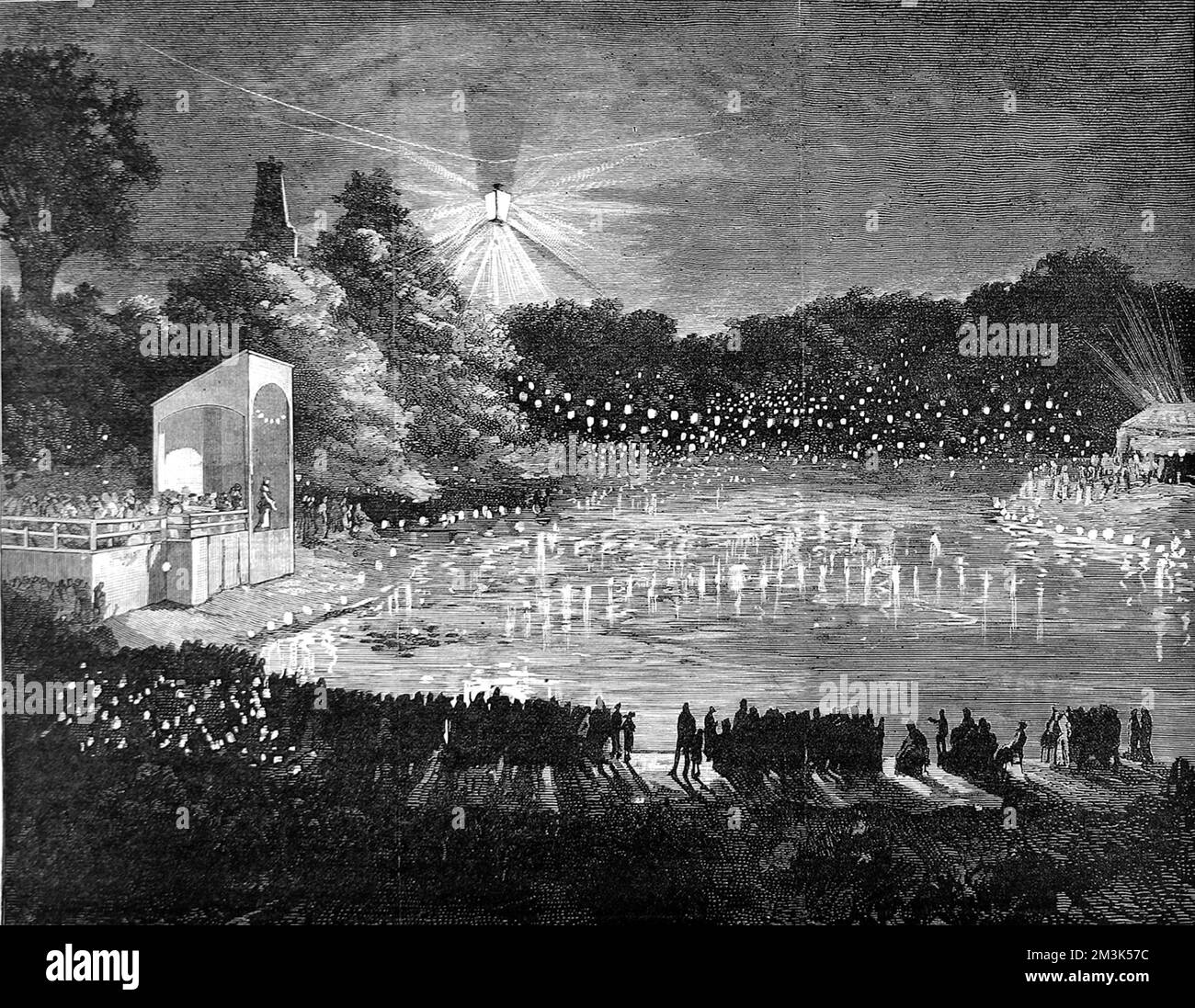 Eine große Menge viktorianischer Urlauber, die die Beleuchtung der Alexandra Palace Seen in London durch elektrisches Licht genießen. 1880 Stockfoto