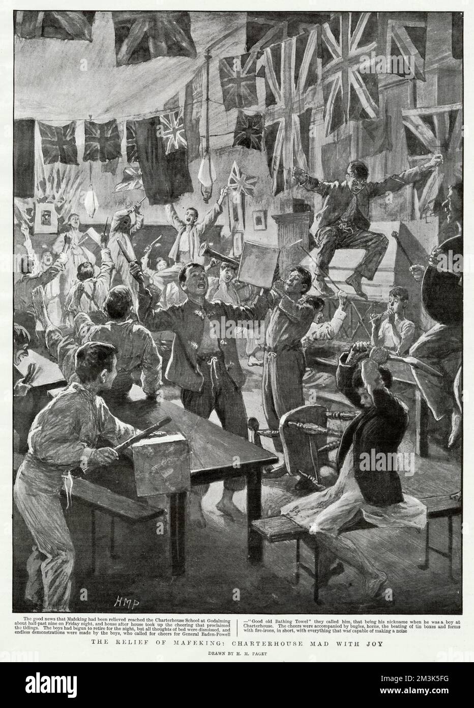 Schuljungen im Charterhouse Internat feiern die Nachrichten von der Befreiung von Mafeking im Burerkrieg 1900. Die Nachrichten erreichten die Schule kurz vor der Schlafenszeit, daher ihr Zustand der Kleidung. Stockfoto