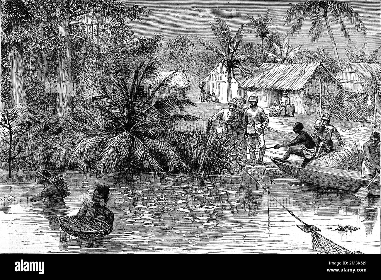 Auf ihrem marsch in Richtung Ashanti-Hauptstadt von Kumasi beobachten britische Soldaten die friedliche Szene von Frauen, die Fische und Tritons im Fluss Prah fangen. Die Briten überquerten diesen Fluss in ihrem Kampf gegen den König von Ashanti. 1873, nach Jahrzehnten einer unruhigen Beziehung zwischen den Briten und dem Volk der Acing in Zentral-Ghana, griffen die Briten die Hauptstadt von Kumasi in Asanti an und zerstörten sie praktisch. Am 24. Juli 1874 erklärten sie Ghana offiziell zur Kronkolonie. 7. März 1874 Stockfoto