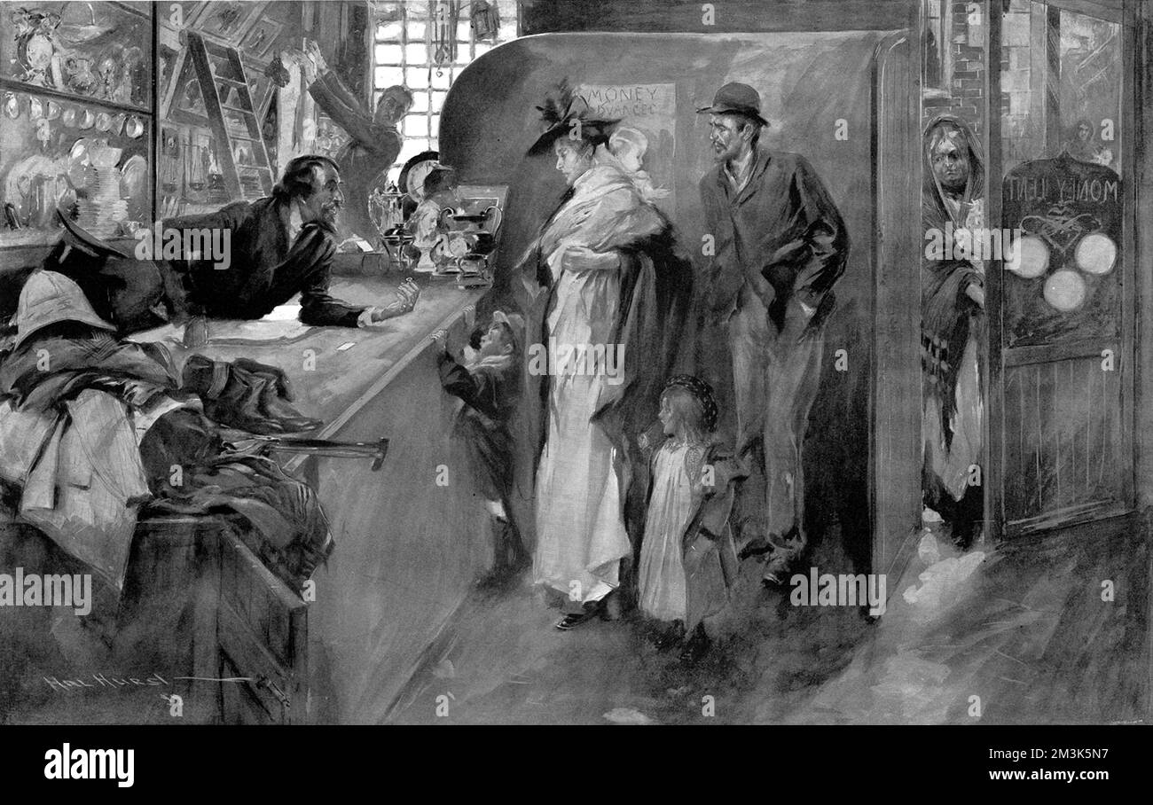 Die arme Familie, die Frau mit dem Baby, zwei Kinder und ihr Mann. Der Pfandleiher untersucht einen Ring, den er gerade bekommen hat. Eine arme ältere Frau betritt den Laden im Hintergrund. 1899 Stockfoto